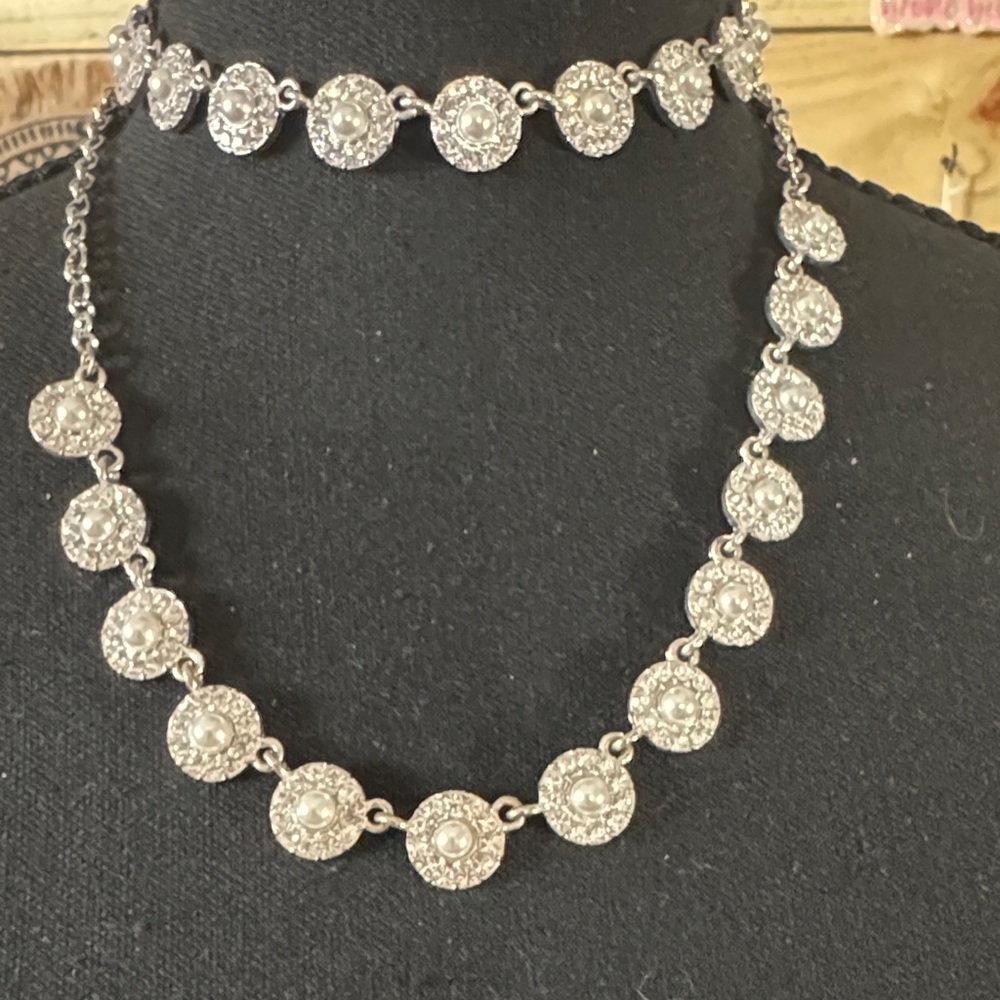 Silver-Tone Pearl & Crystal Station Necklace and Choker Set
